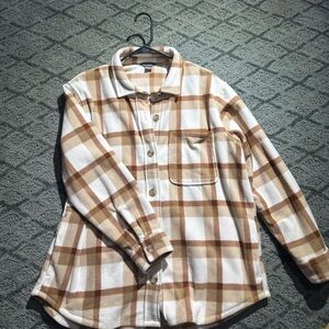 Eddie Bauer Brown and White Plaid Button Down Fleece Shirt